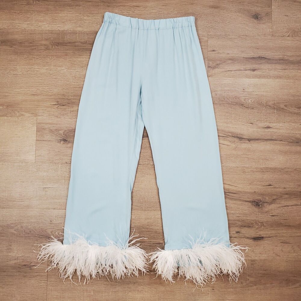 Sleeper Pants Ostrich Feather Trim Elastic Waist L Blue Luxury Sleepwear Boudoir